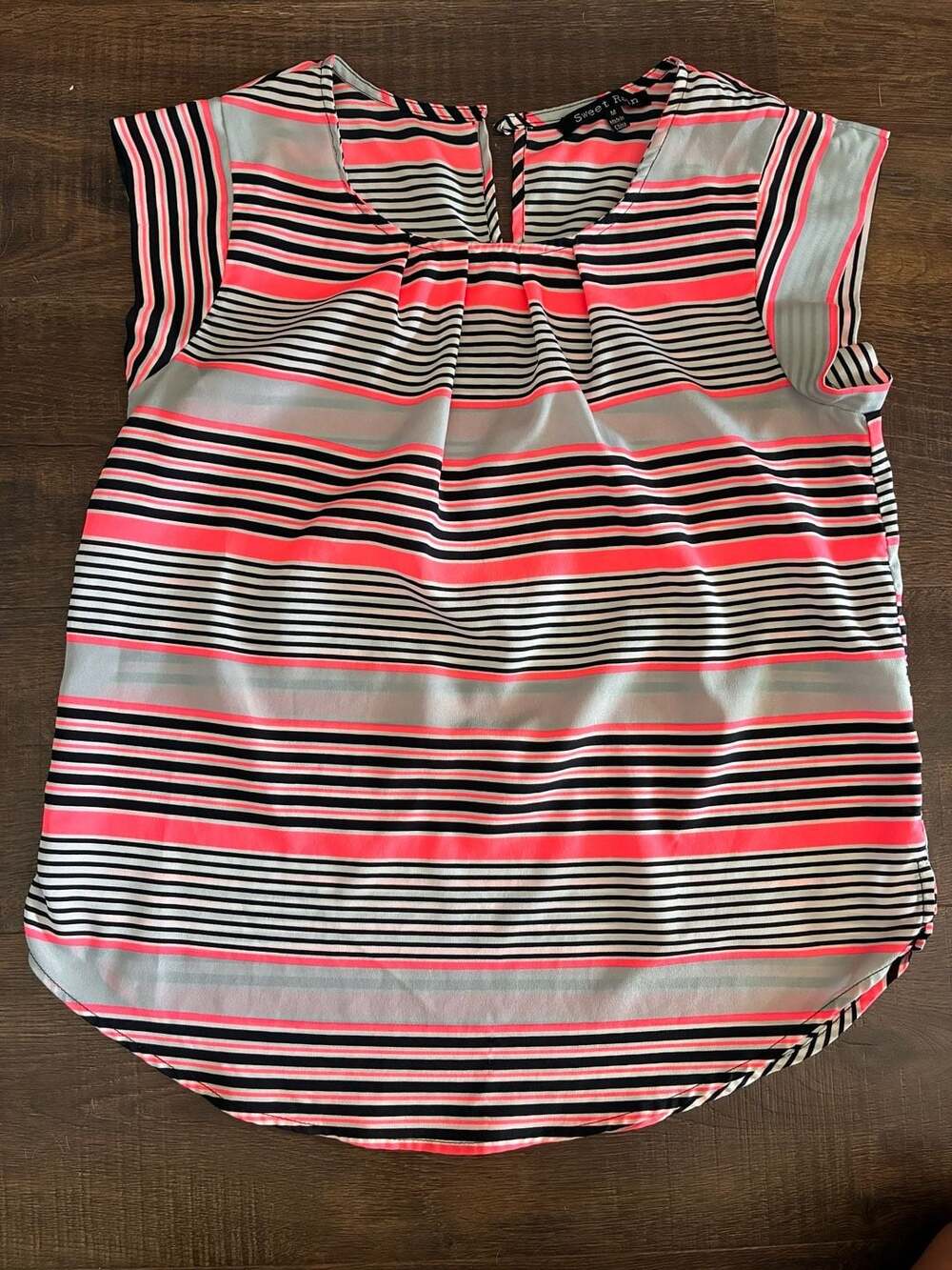 Sweet Rain Women's Striped Cap Sleeve Chiffon Blouse Size M Pink Black White